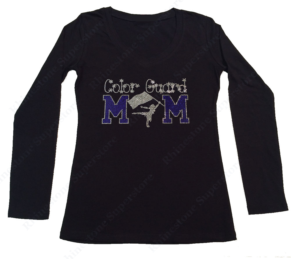 Womens T-shirt with Blue Color Guard Mom in Rhinestones