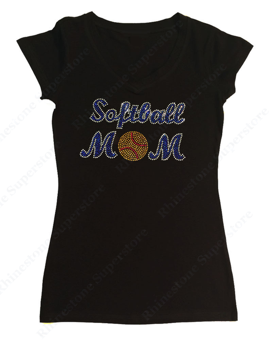 Womens T-shirt with Blue Softball Mom in Rhinestones