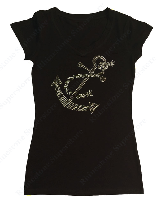 Womens T-shirt with Boat Anchor in Rhinestones