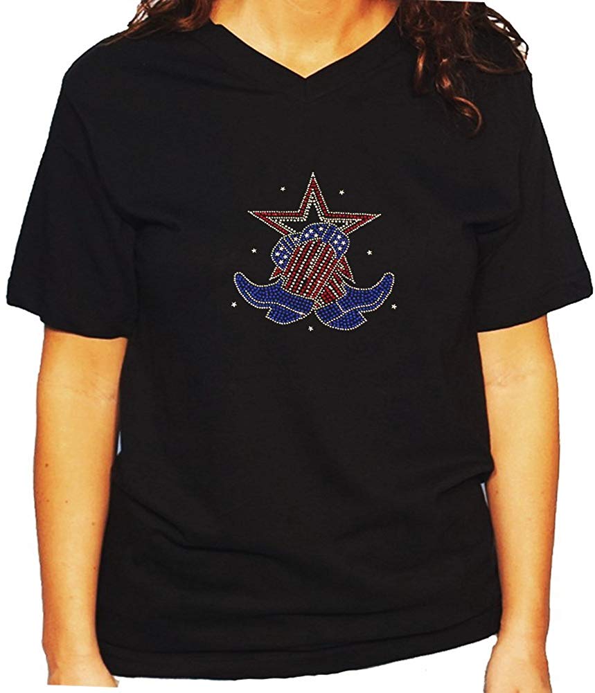 Women's / Unisex T-Shirt with Boots and Star 4th of July in Rhinestones