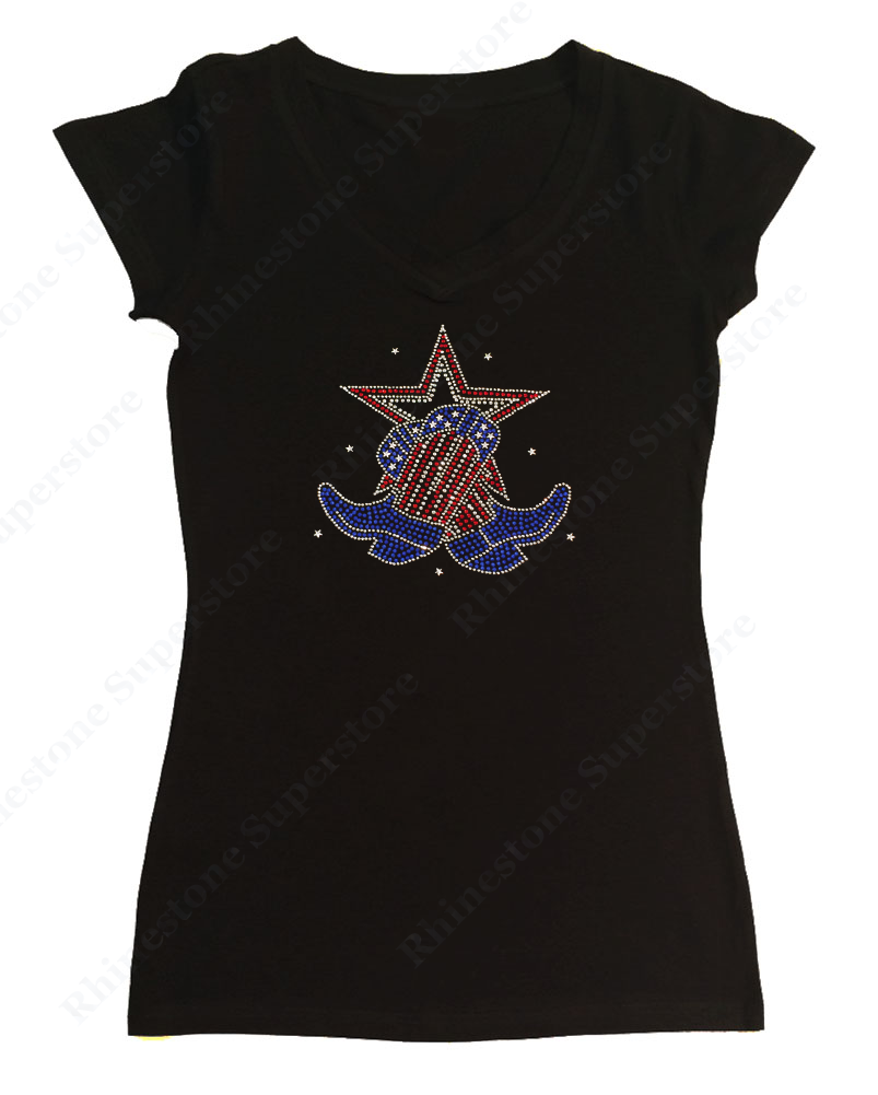 Womens T-shirt with Boots and Star 4th of July in Rhinestones