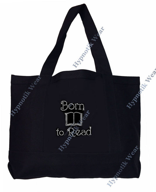 Rhinestone Sturdy Tote Bag with Zipper & Front Pocket " Born to Read " Book Bag, Library Book Bag, Bling