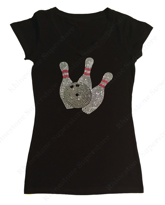 Womens T-shirt with Bowling Pins in Rhinestones