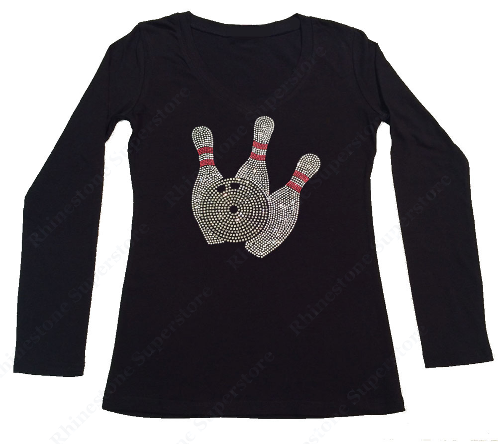Womens T-shirt with Bowling Pins in Rhinestones