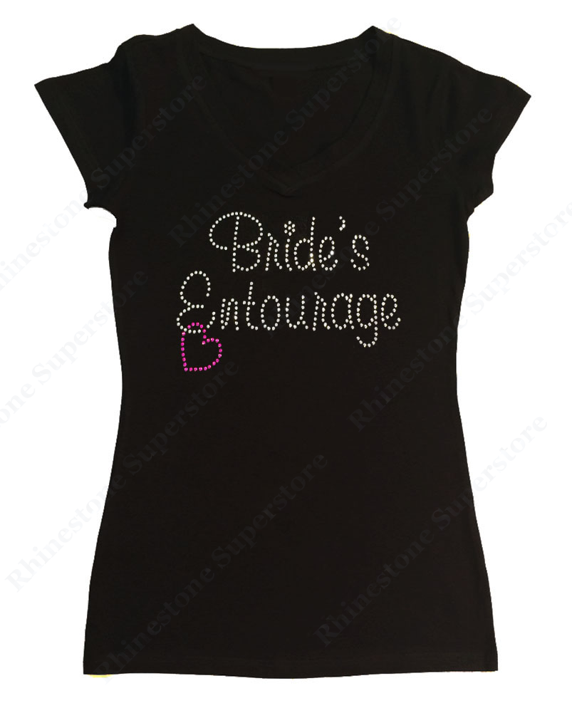 Womens T-shirt with Bride's Entourage with Pink Heart in Rhinestones