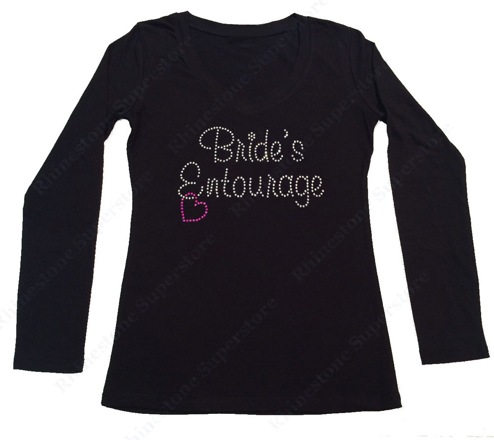 Womens T-shirt with Bride's Entourage with Pink Heart in Rhinestones