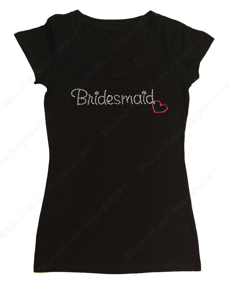 Womens T-shirt with Bridesmaid with Pink Heart in Rhinestones