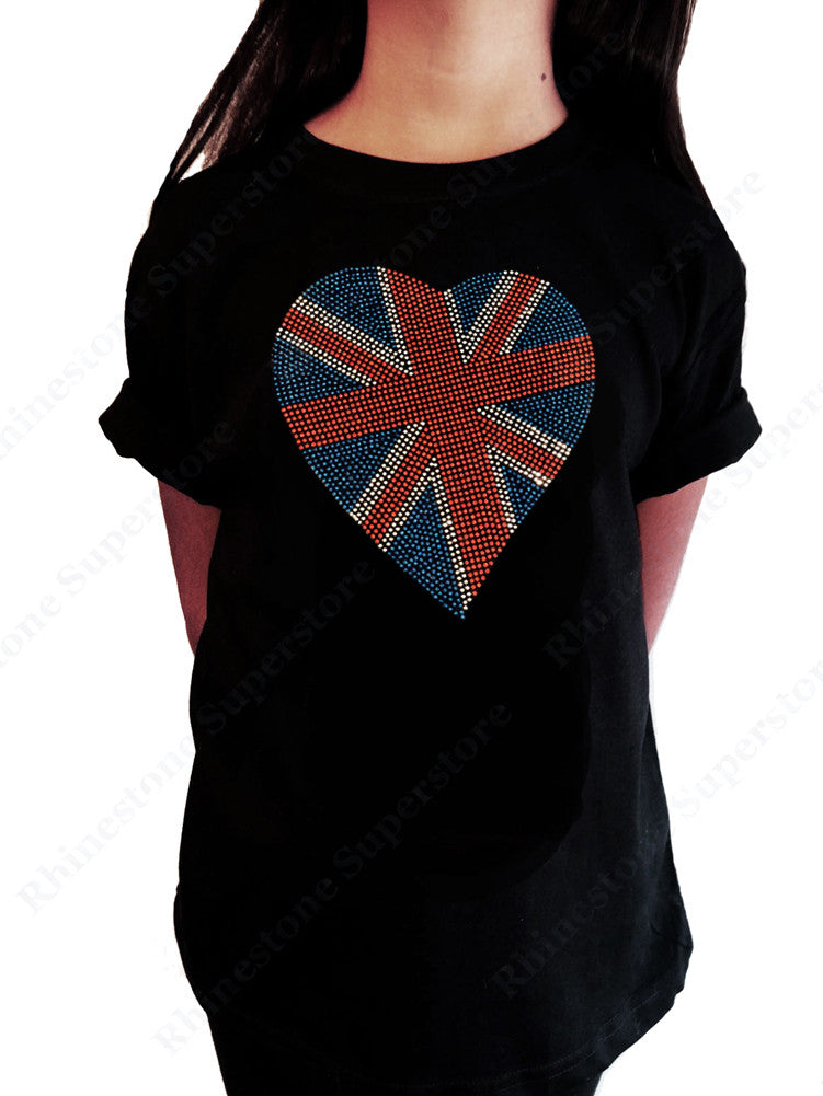 Girls Rhinestud T-Shirt " British Flag Heart " Kids Size 3 to 14 Available