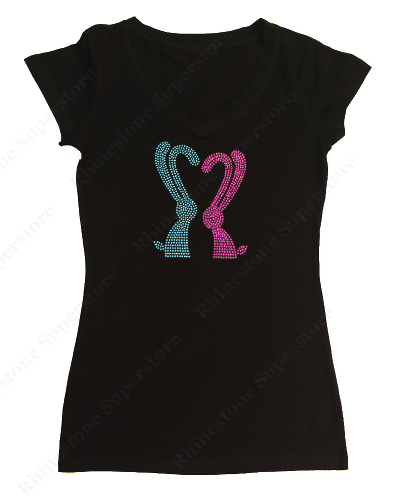 Womens T-shirt with Bunnies in Heart Shape in Rhinestones