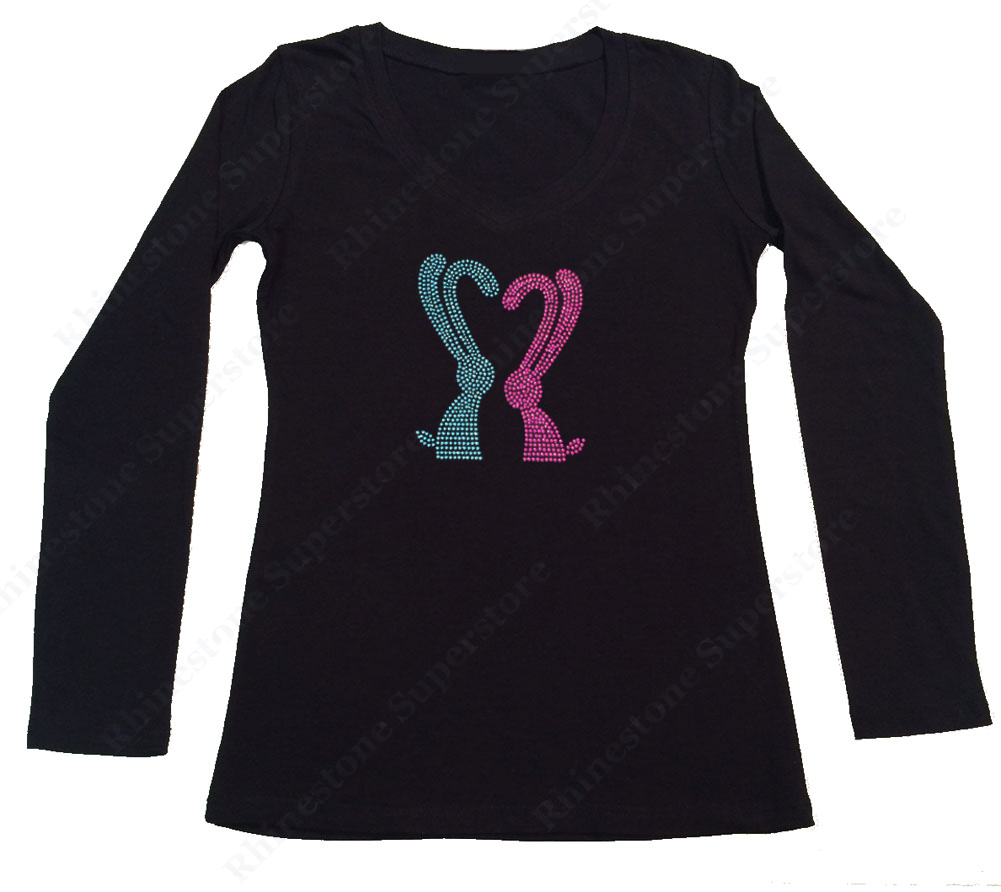 Womens T-shirt with Bunnies in Heart Shape in Rhinestones