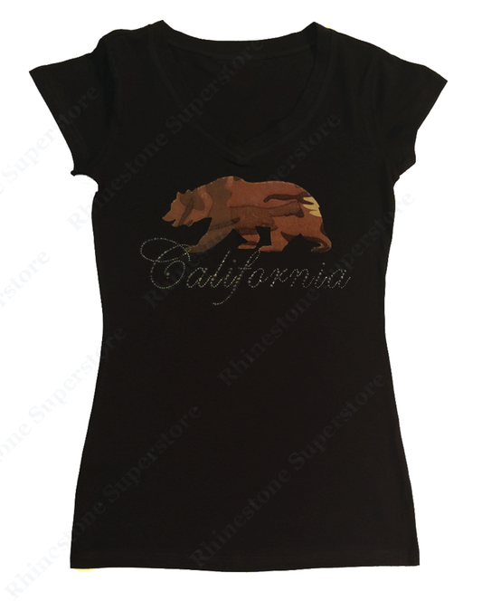 Womens T-shirt with California Bear in Camo and Rhinestuds