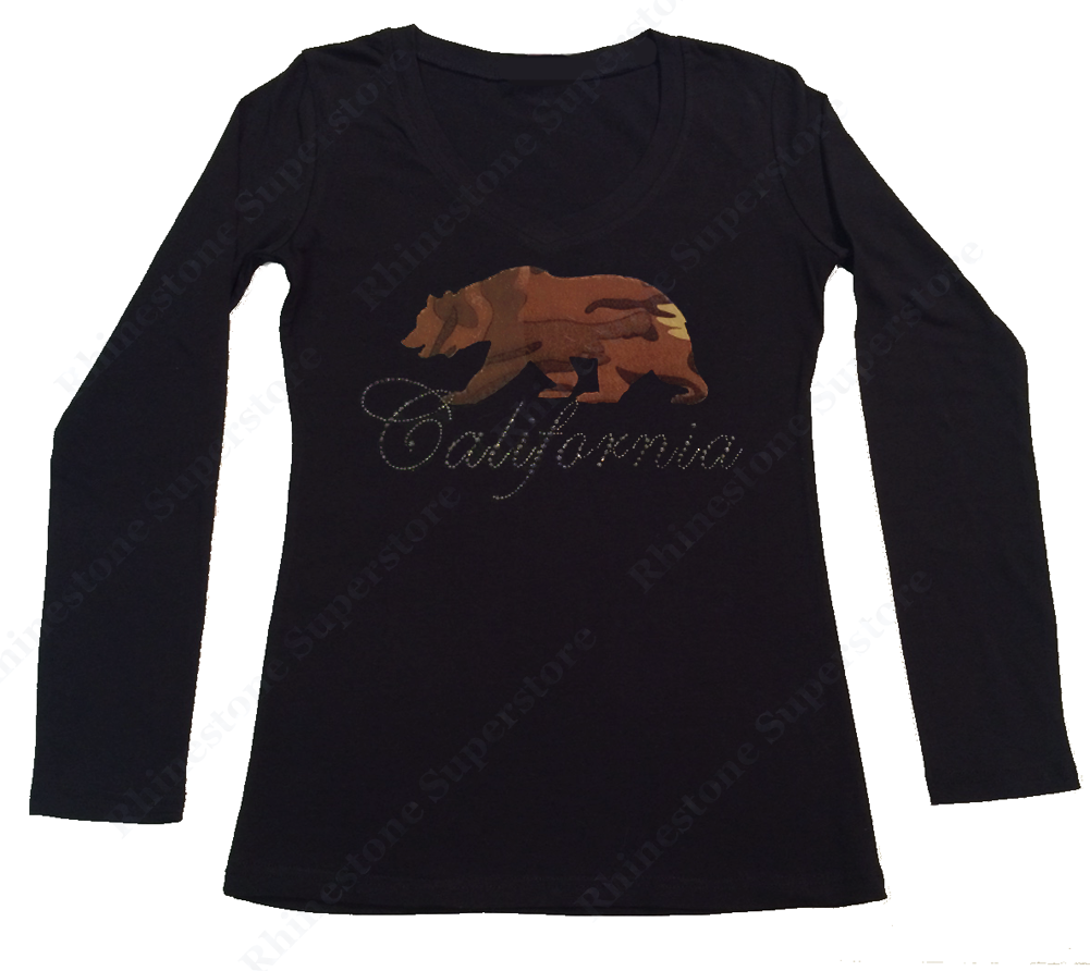 Womens T-shirt with California Bear in Camo and Rhinestuds