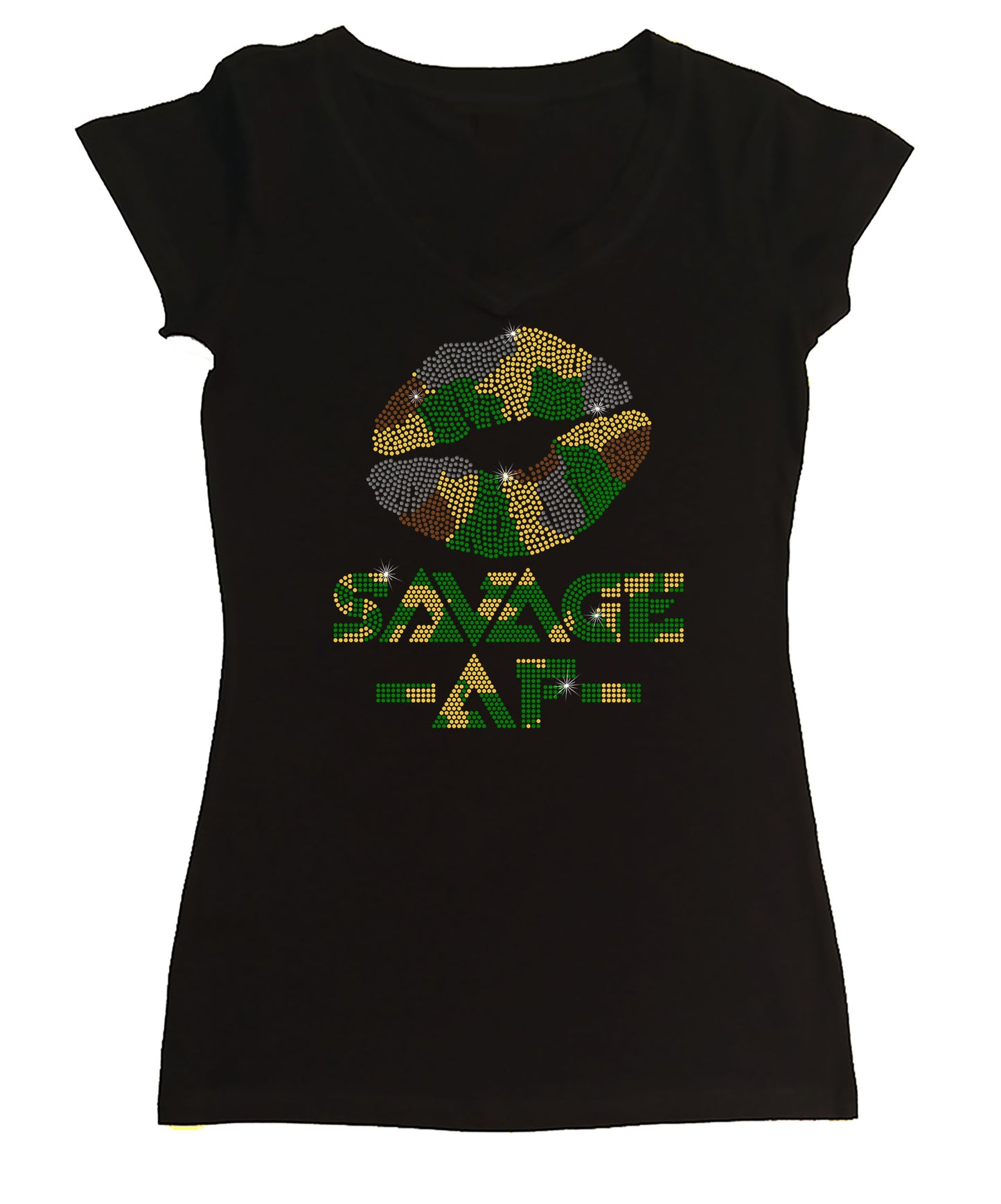 Womens T-shirt with Camo Lips Savage AF in Rhinestones