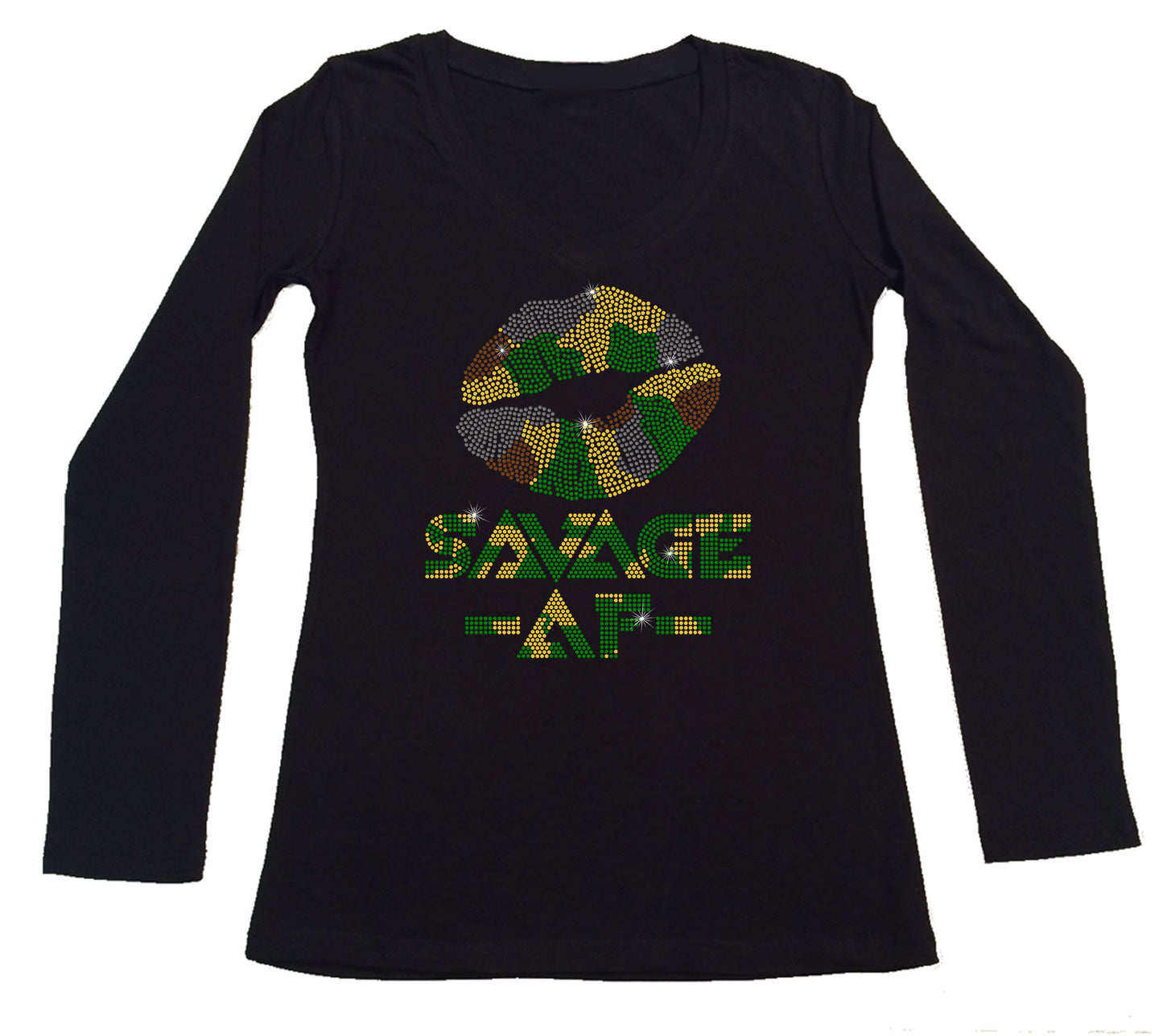 Womens T-shirt with Camo Lips Savage AF in Rhinestones