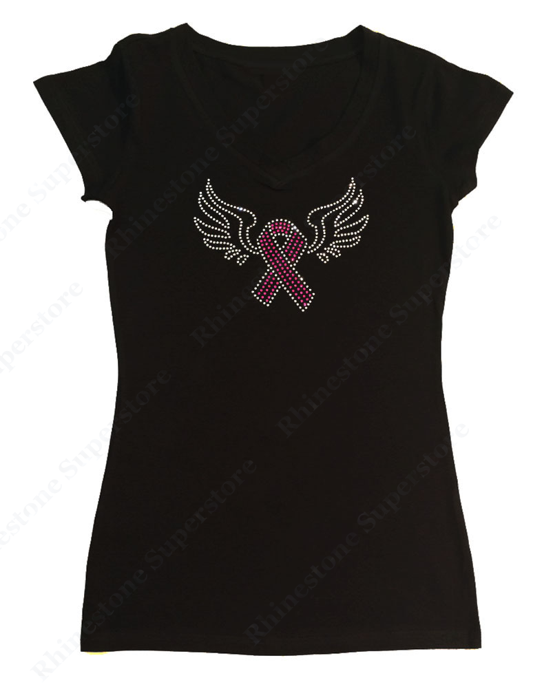 Womens T-shirt with Cancer Ribbon with Wings in Rhinestones