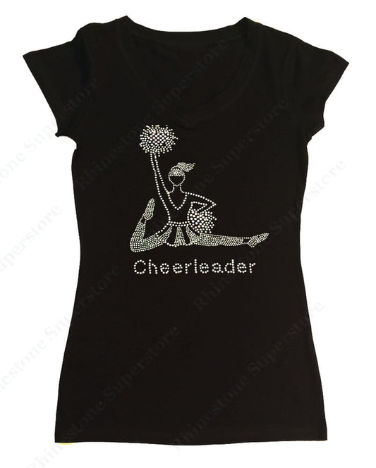 Womens T-shirt with Cheerleader with Pom Poms in Rhinestones