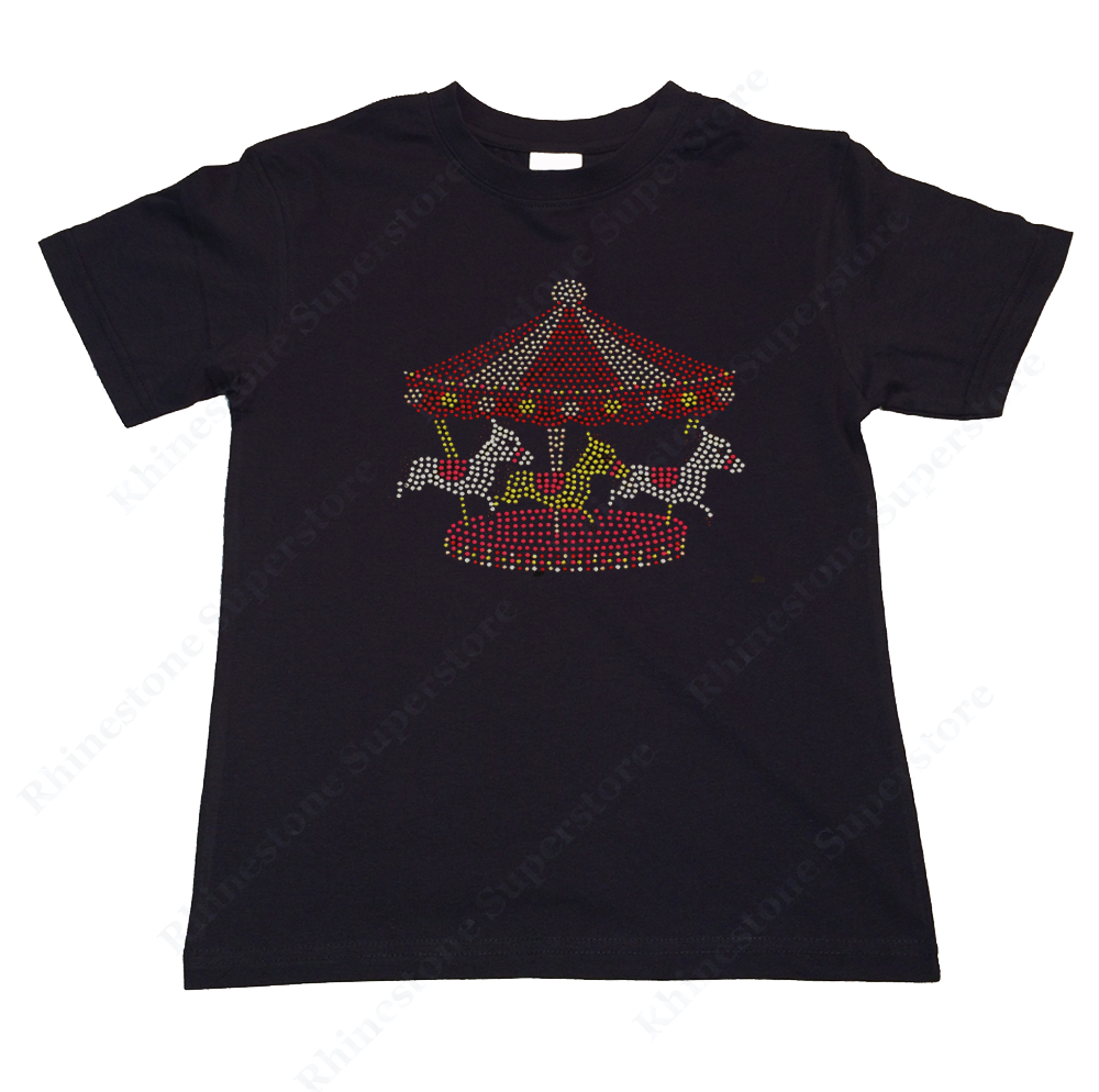 Girls Rhinestone & Stud T-Shirt " Carousel with Horses " Kids Size 3 to 14 Available, Bling