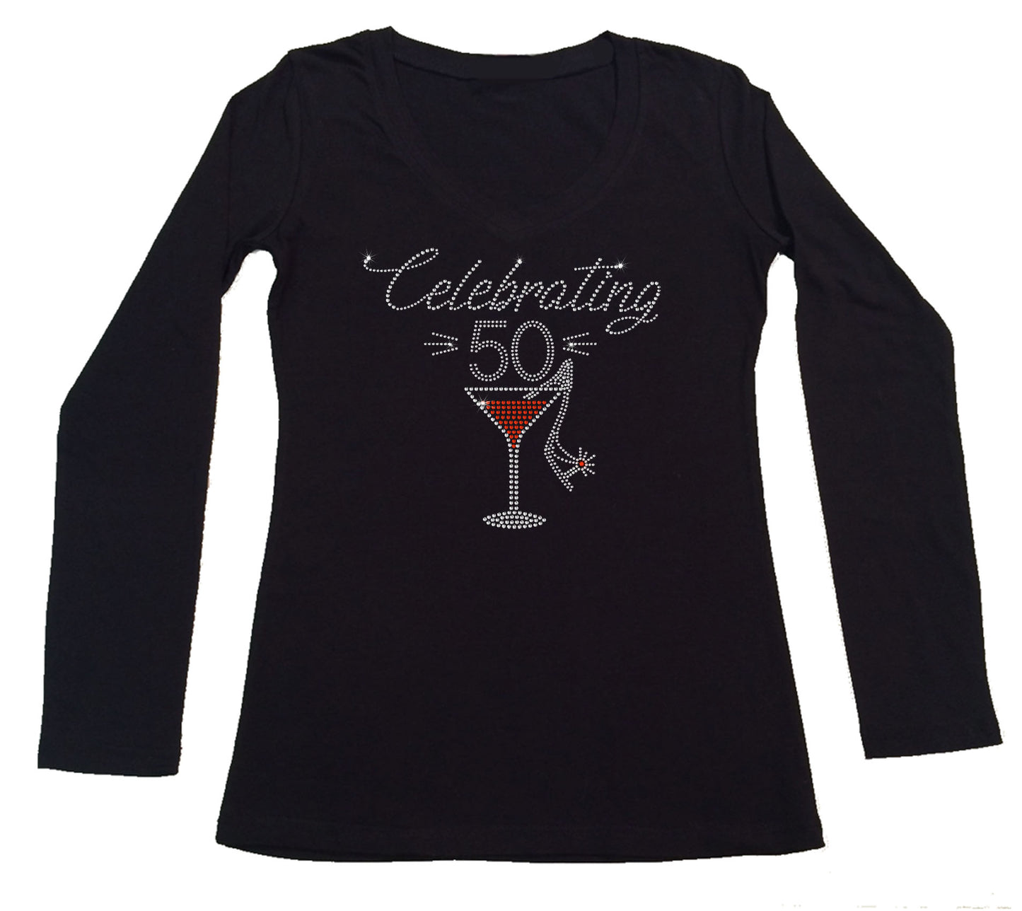 Womens T-shirt with Celebrating 50 with Martini and Slipper in Rhinestones