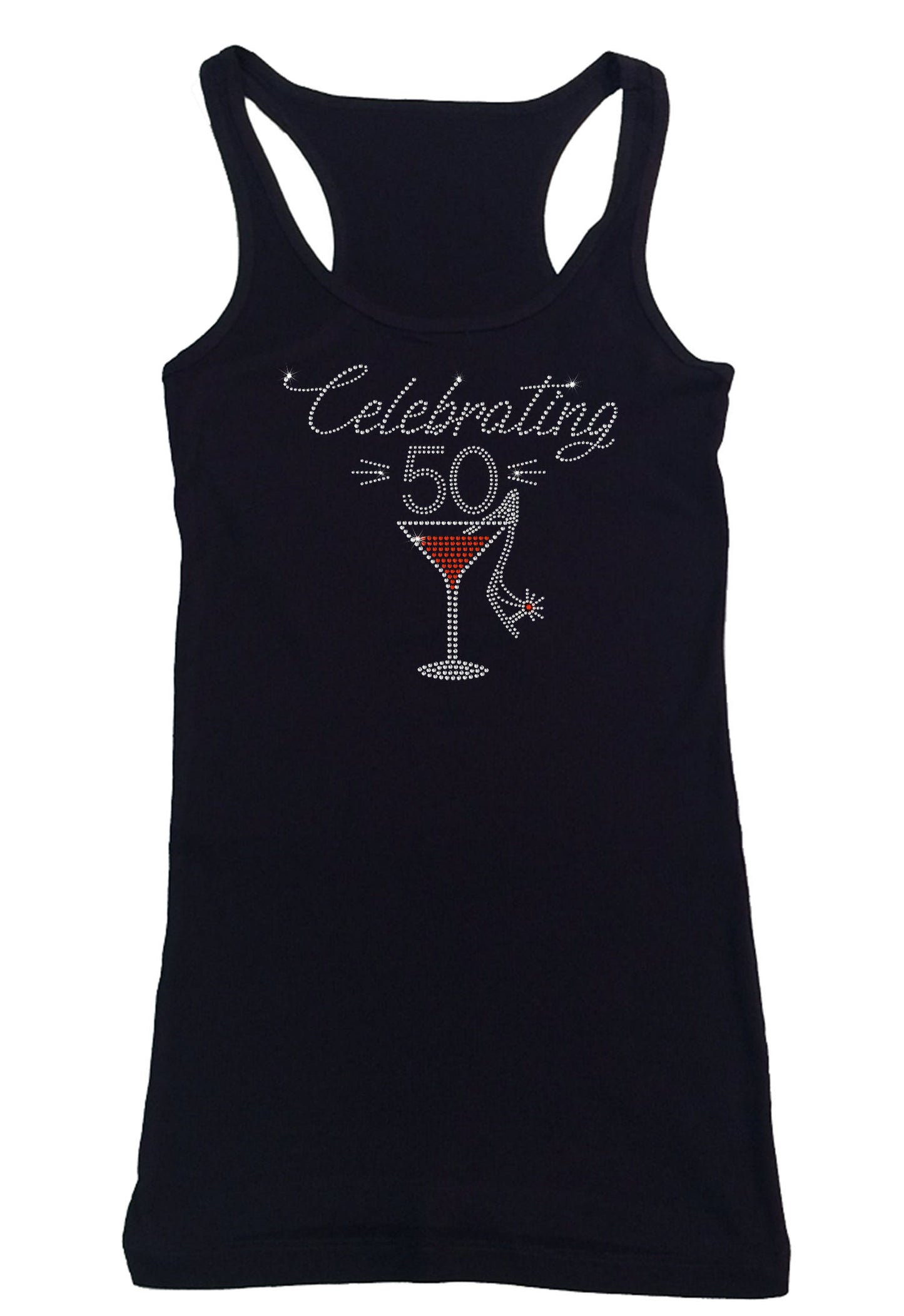 Womens T-shirt with Celebrating 50 with Martini and Slipper in Rhinestones