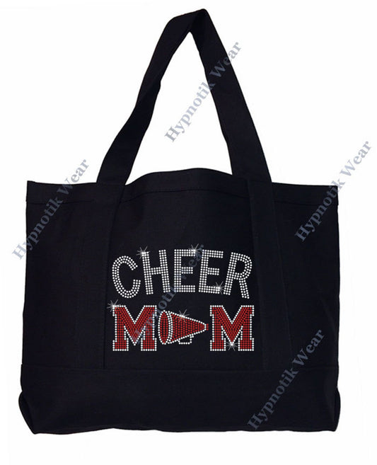 Rhinestone Sturdy Tote Bag with Zipper & Front Pocket " Cheer Mom with Megaphone " in Various Color, Bling