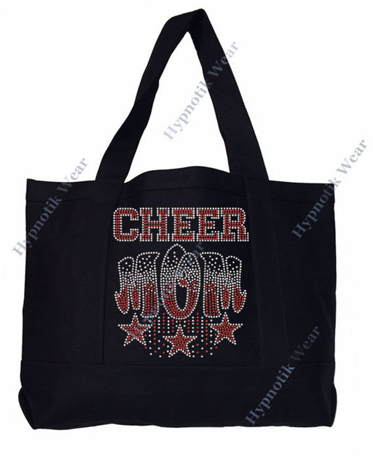 Rhinestone Sturdy Tote Bag with Zipper & Front Pocket " Cheer Mom with Stars " in Various Color, Bling