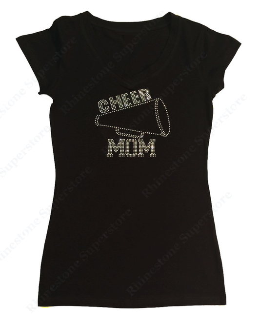 Womens T-shirt with Cheer Mom With Megaphone in Rhinestones