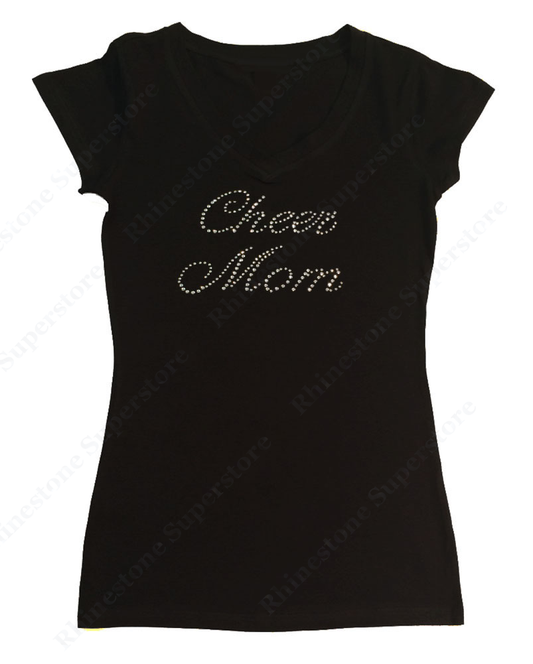 Womens T-shirt with Cheer Mom in Rhinestones