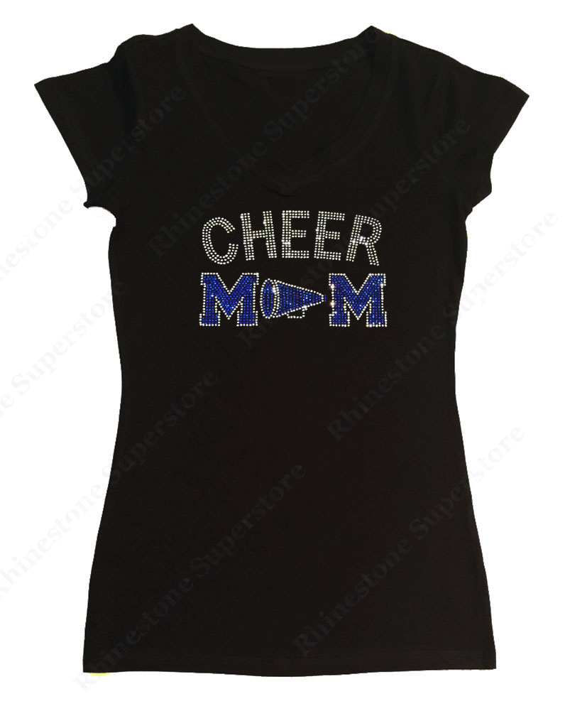 Womens T-shirt with Blue Cheer Mom with Megaphone in Rhinestones