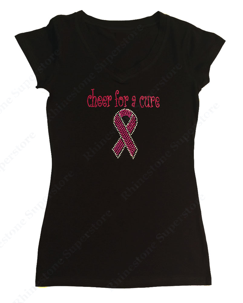 Womens T-shirt with Cheer for a Cure Cancer Ribbon in Rhinestones