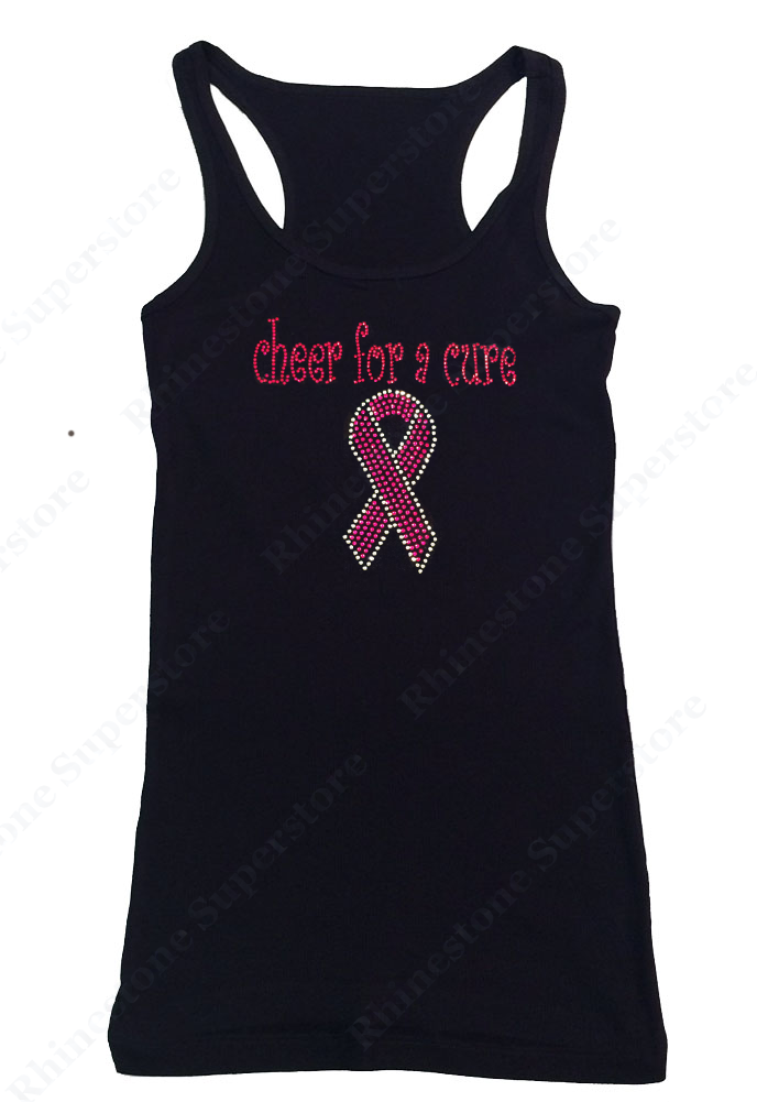 Womens T-shirt with Cheer for a Cure Cancer Ribbon in Rhinestones