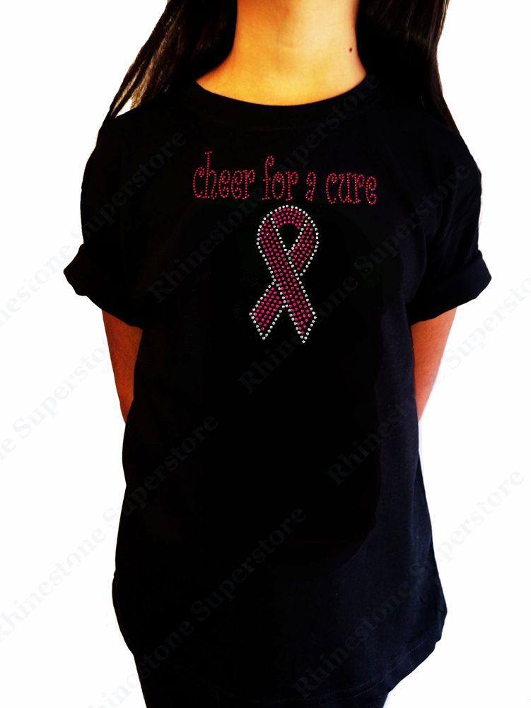 Girls Rhinestone T-Shirt " Cheer for a Cure with Cancer Ribbon " Kids Size 3 to 14 Available