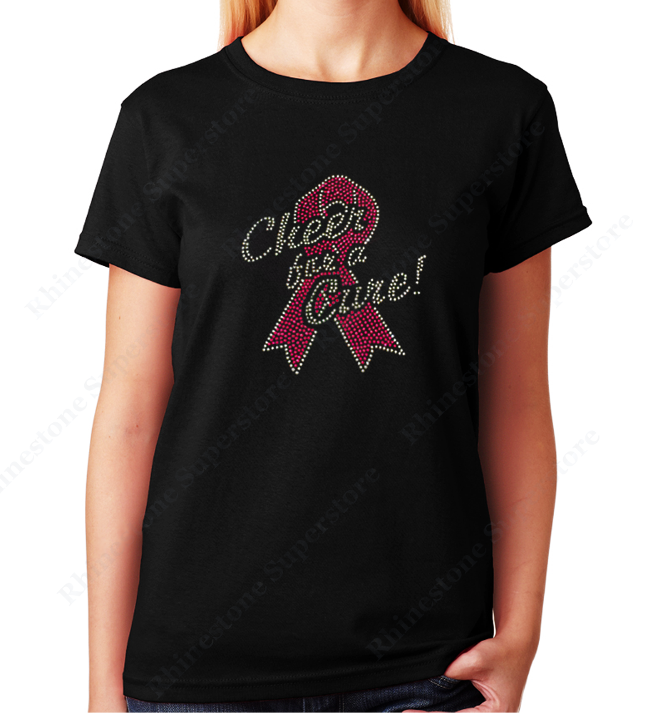 Women Unisex T-Shirt with Cheer for a Cure with Pink Cancer Ribbon in Rhinestones Crew Neck