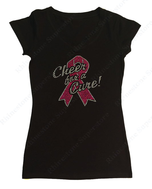 Womens T-shirt with Cheer for a Cure with Pink Cancer Ribbon in Rhinestones