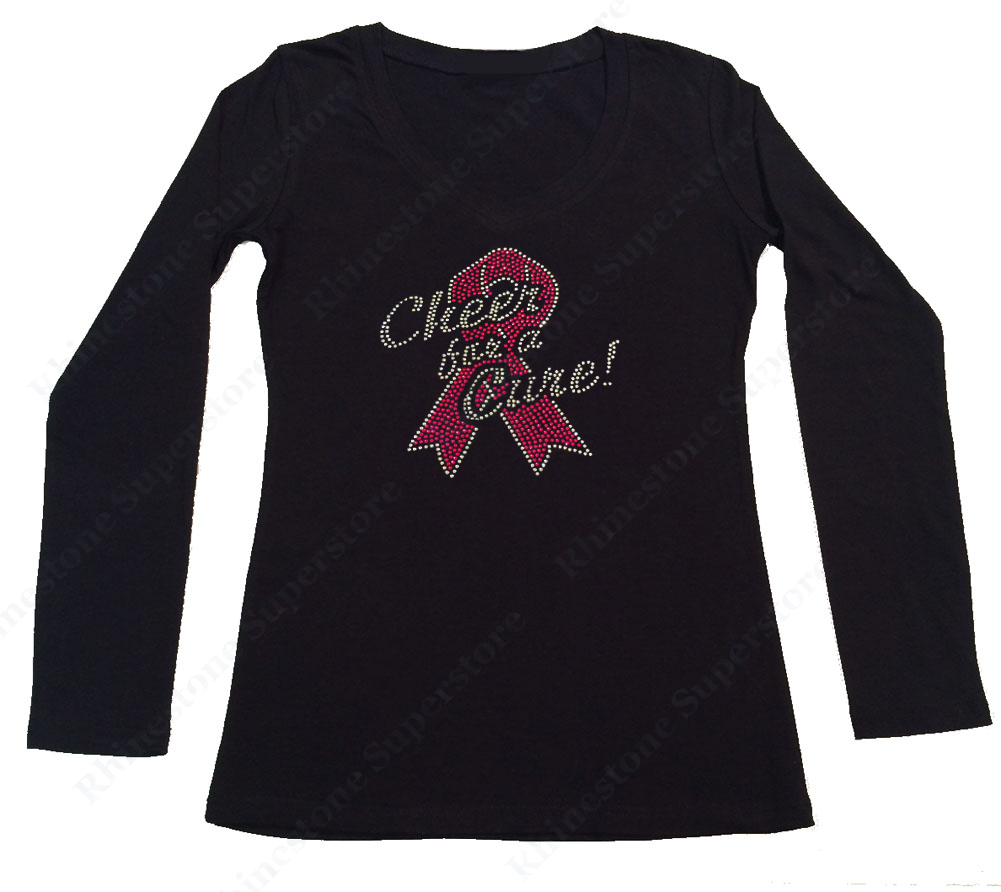 Womens T-shirt with Cheer for a Cure with Pink Cancer Ribbon in Rhinestones