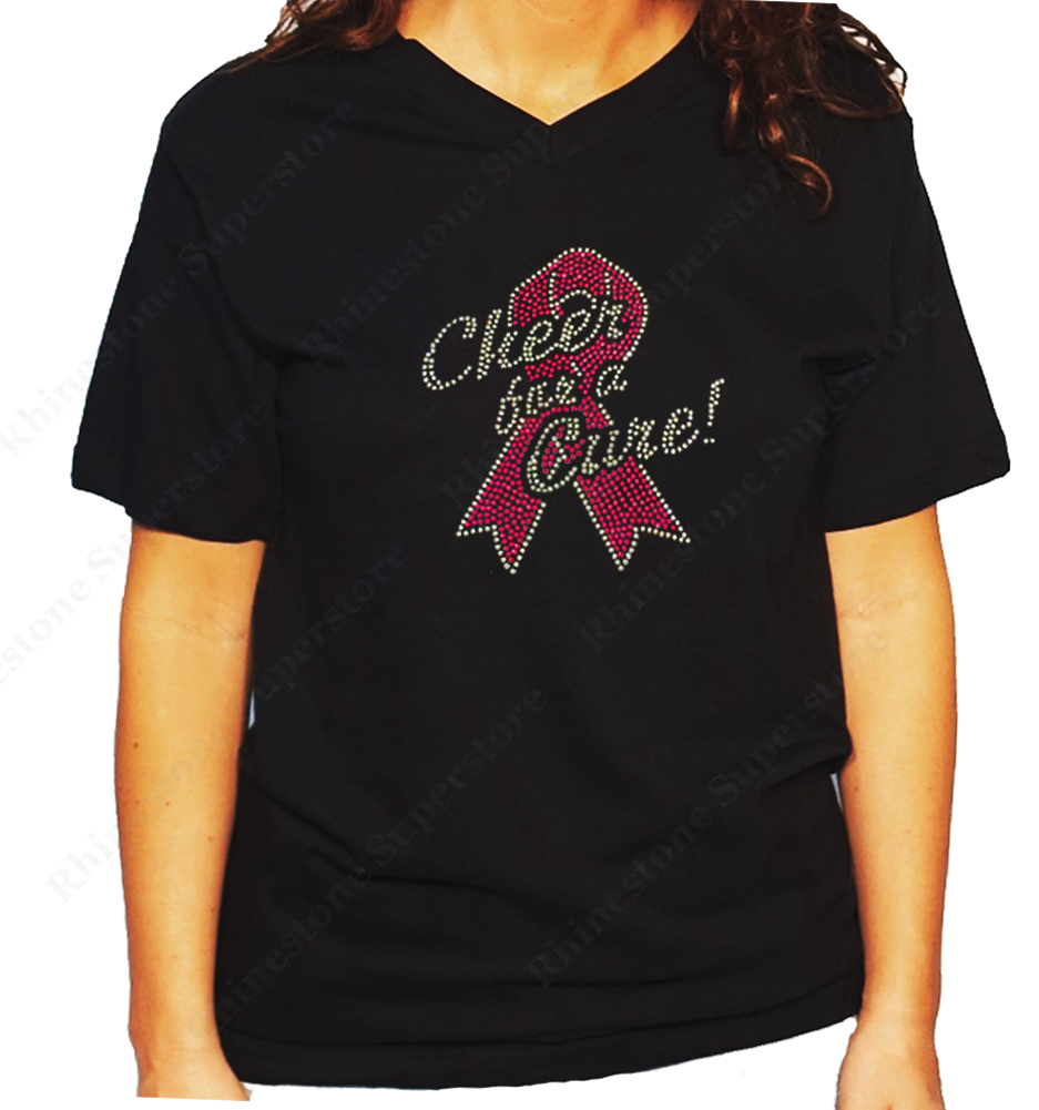 Women Unisex T-Shirt with Cheer for a Cure with Pink Cancer Ribbon in Rhinestones V Neck