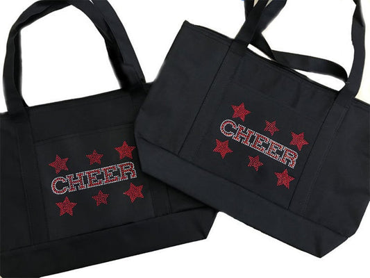 Rhinestone Sturdy Tote Bag with Zipper & Front Pocket " Cheer with Stars " in Various Color, Bling
