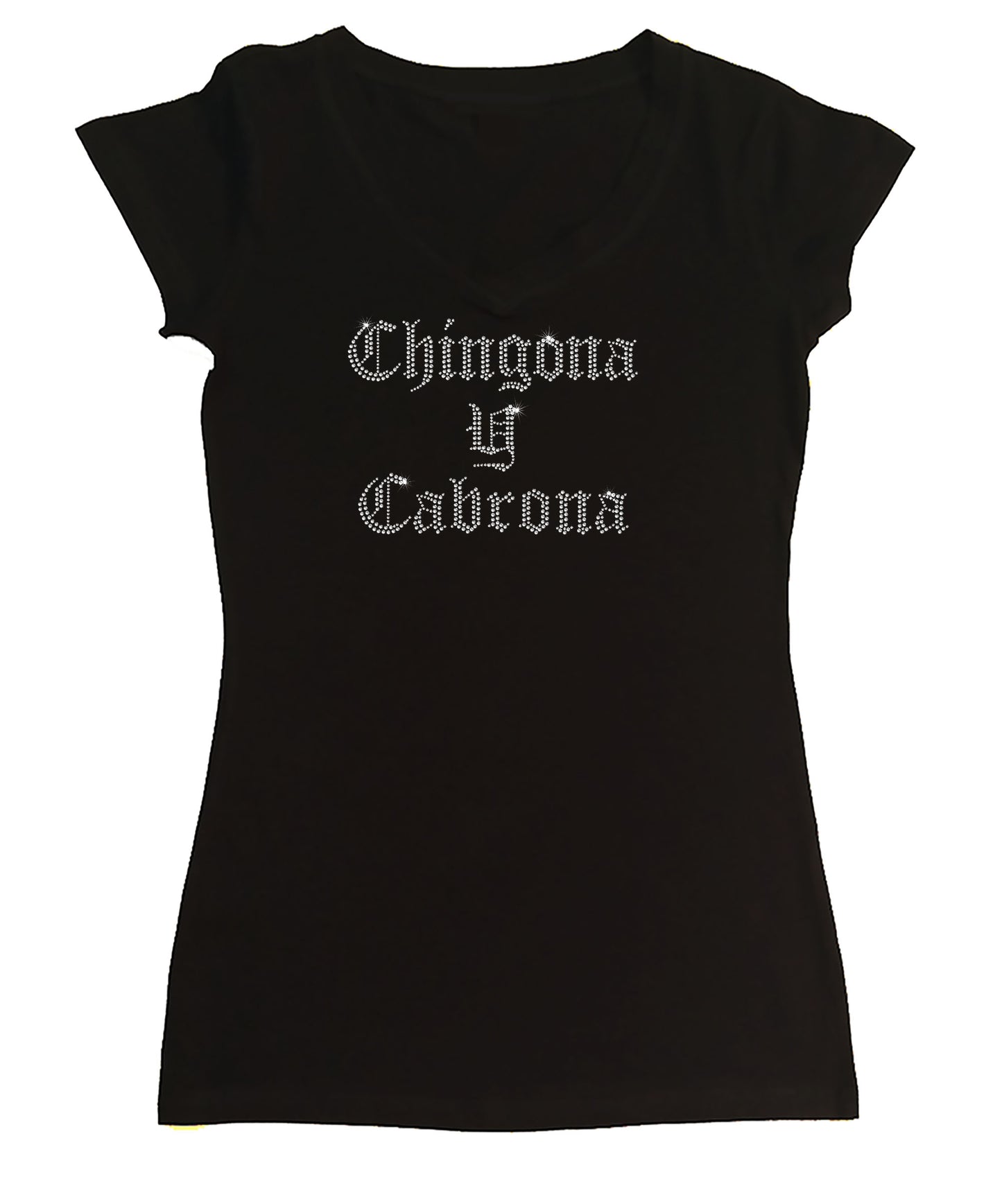 Womens T-shirt with Chingona y Cabrona in Rhinestones