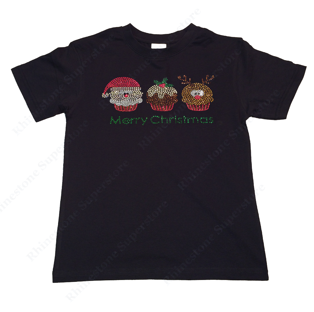 Girl's Rhinestone T-Shirt " Christmas Cupcakes with Santa Mistletoe Reindeer "