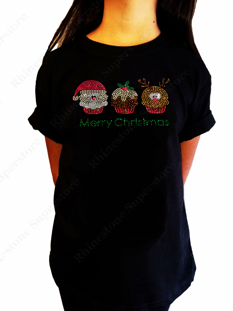 Girl's Rhinestone T-Shirt " Christmas Cupcakes with Santa Mistletoe Reindeer "