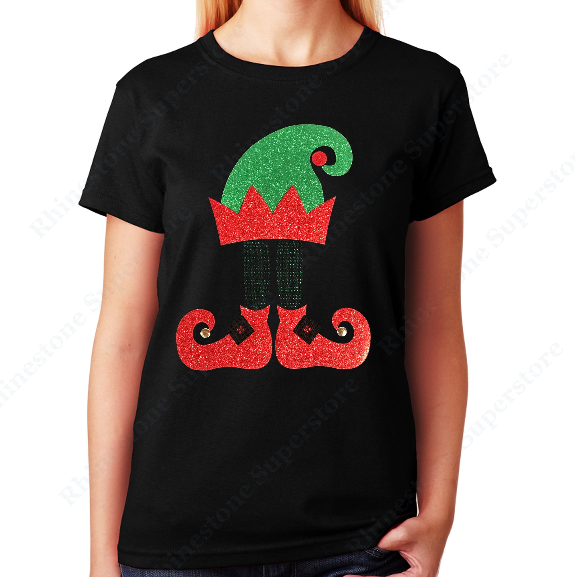 Unisex T-Shirt with Christmas Elf Hat and Shoes in Glitters