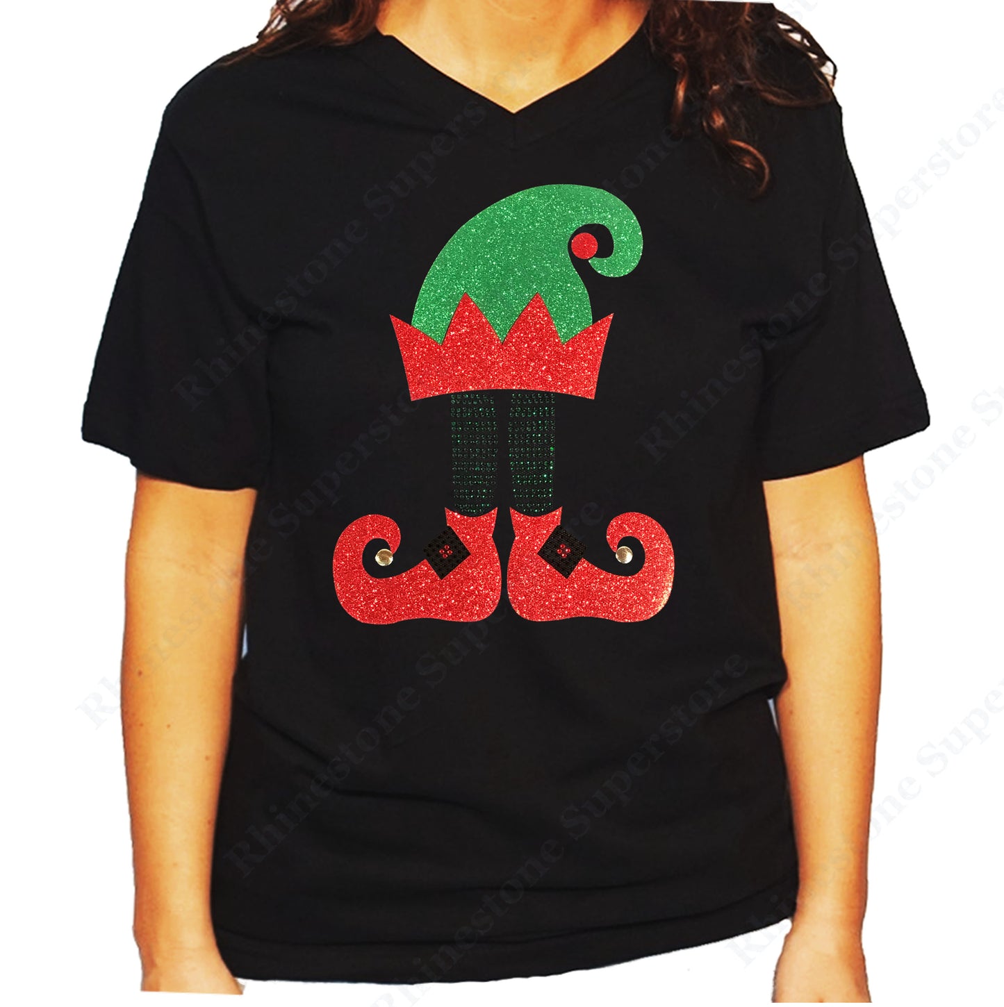 Women's / Unisex T-Shirt with Christmas Elf Hat and Shoes in Glitters