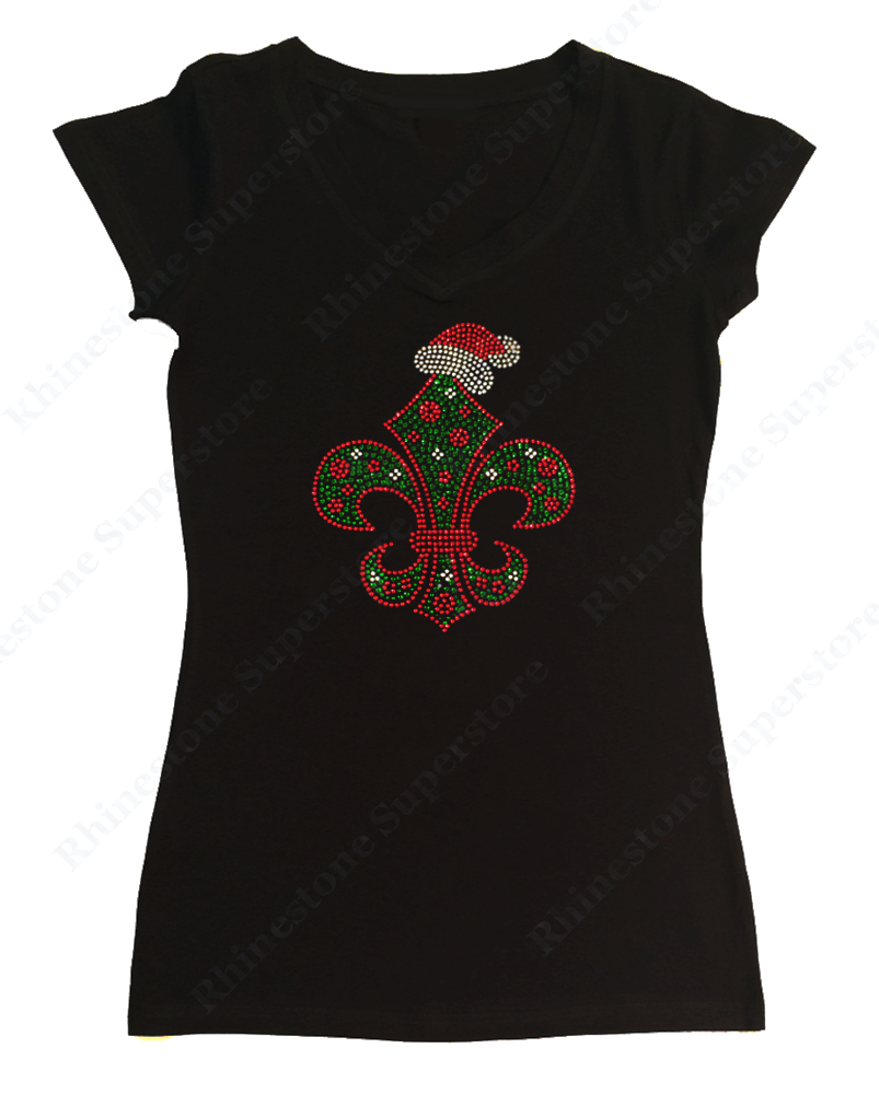Womens T-shirt with Christmas Fleur de lis in Rhinestones