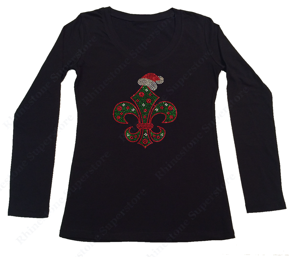 Womens T-shirt with Christmas Fleur de lis in Rhinestones