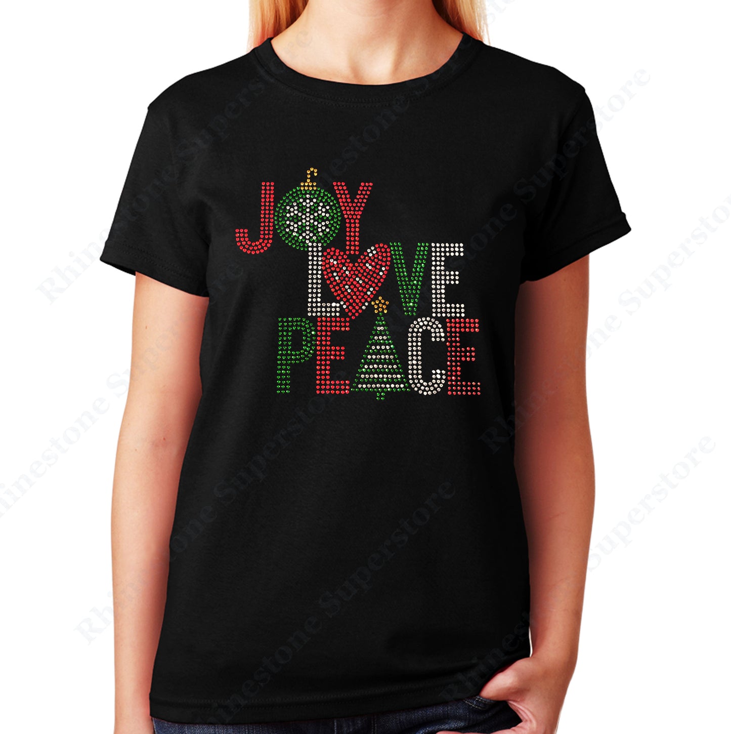 Unisex T-Shirt with Christmas Joy Love Peace in Rhinestones
