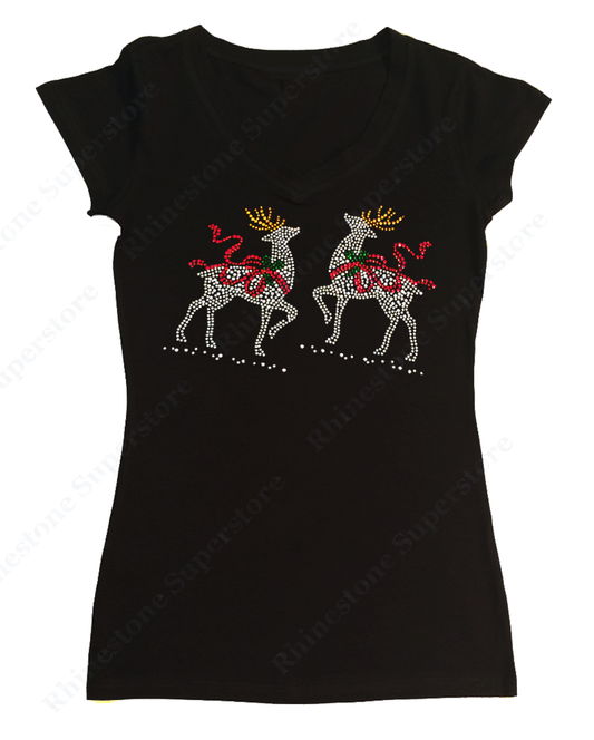 Womens T-shirt with Christmas Reindeer in Rhinestones