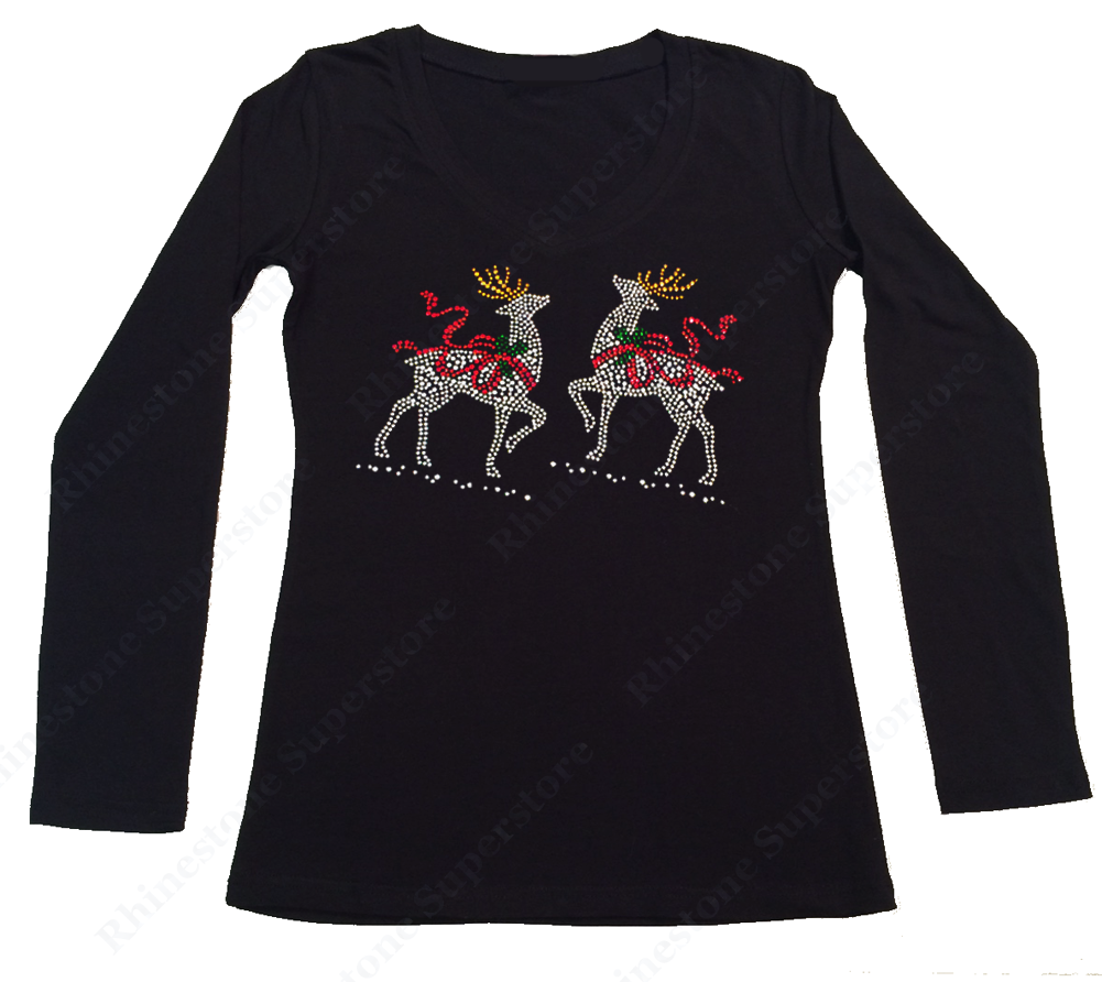 Womens T-shirt with Christmas Reindeer in Rhinestones