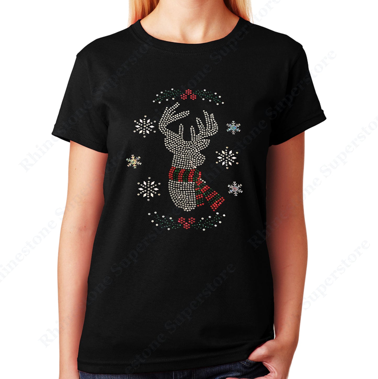 Unisex T-Shirt with Christmas Reindeer with Snowflakes in Rhinestones