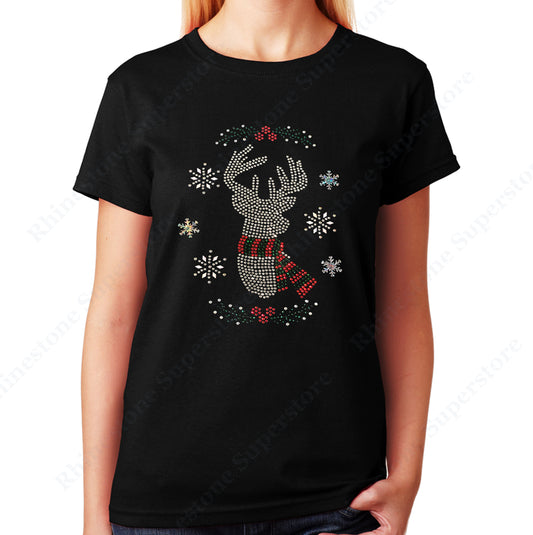 Unisex T-Shirt with Christmas Reindeer with Snowflakes in Rhinestones