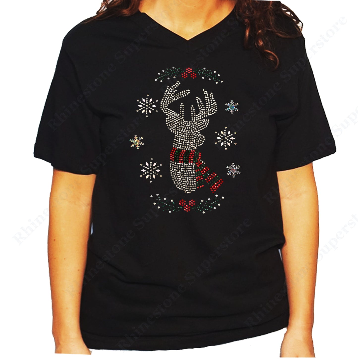 Women's / Unisex T-Shirt with Christmas Reindeer with Snowflakes in Rhinestones