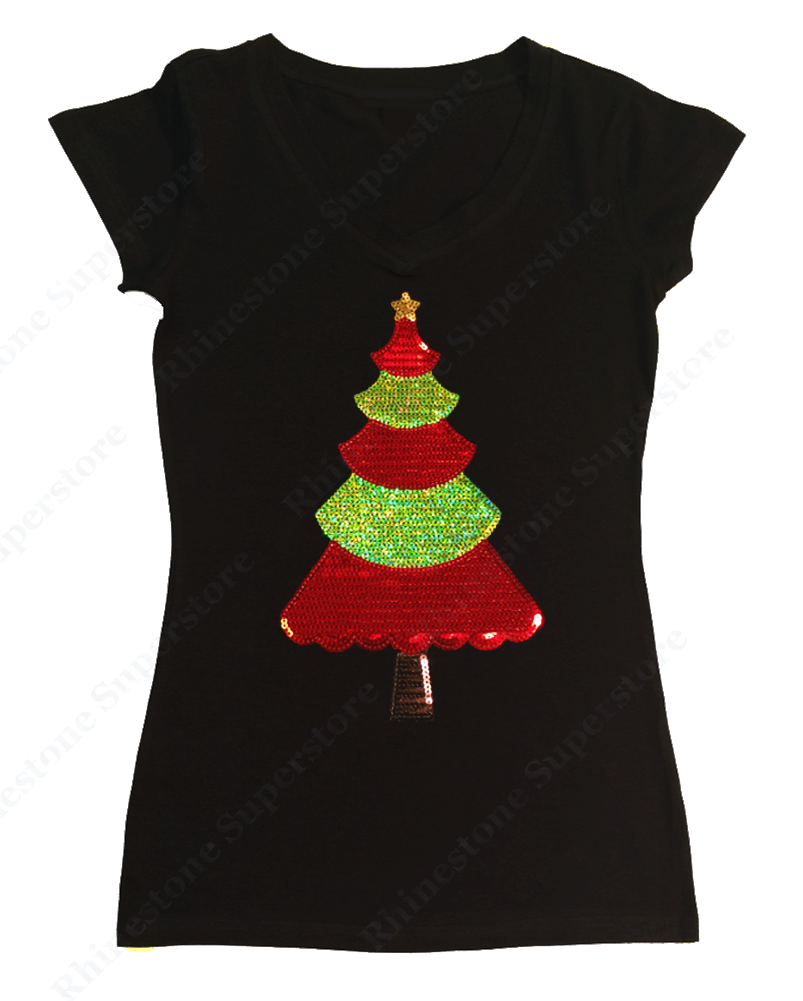 Womens T-shirt with Christmas Tree in Sequence